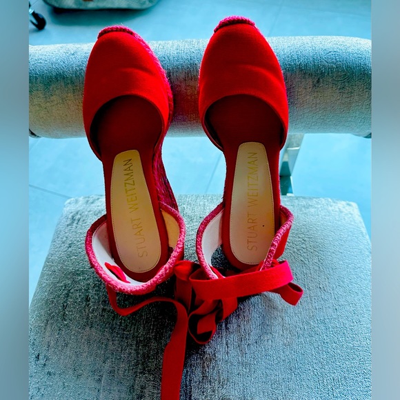 Stuart Weitzman Marguerita Canvas Wedge Sandal Red Size 6 pre-owned - Picture 3 of 9